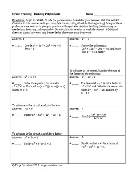 Circuit training operations with polynomials answer key